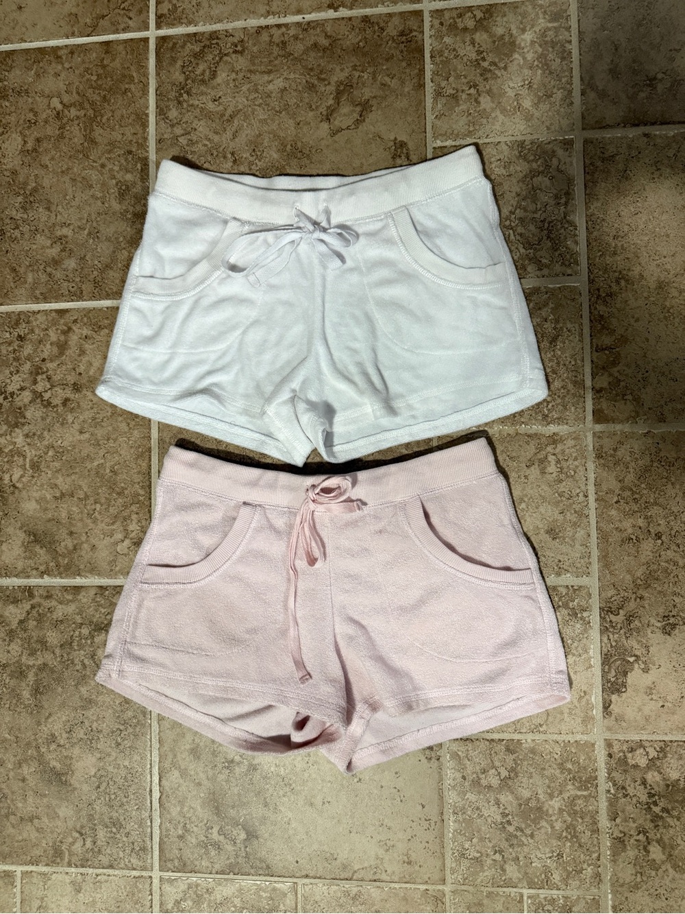 White and Light Pink Knit terry cloth Drawstring Shorts